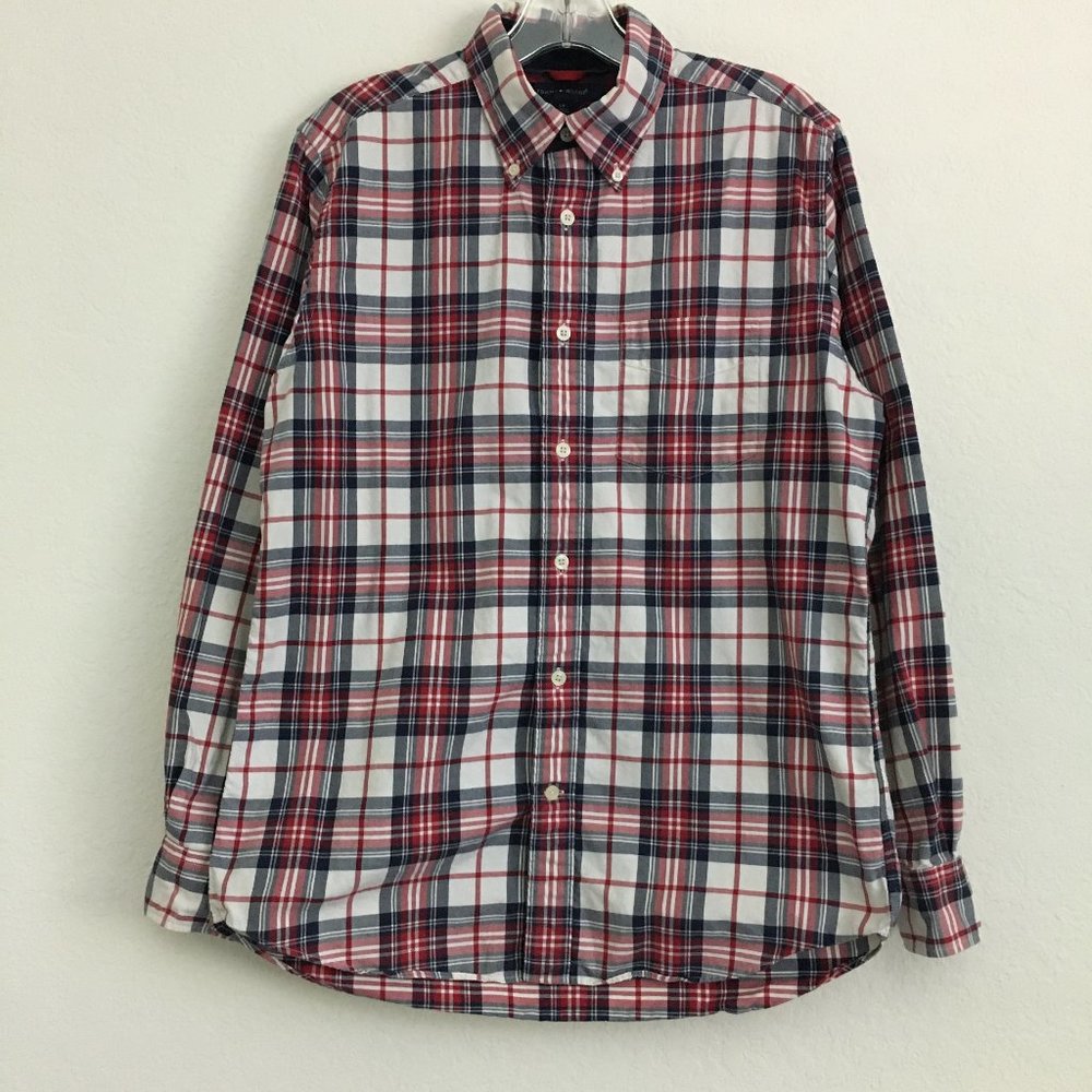 TOMMY HILFIGER Mens S/P Patched Elbow Plaid Button Down Shirt Thick Cotton - Picture 2 of 14
